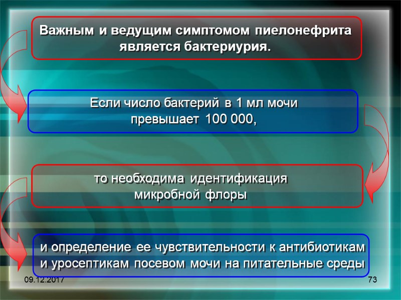 09.12.2017 73 Важным и ведущим симптомом пиелонефрита является бактериурия.  Если число бактерий в